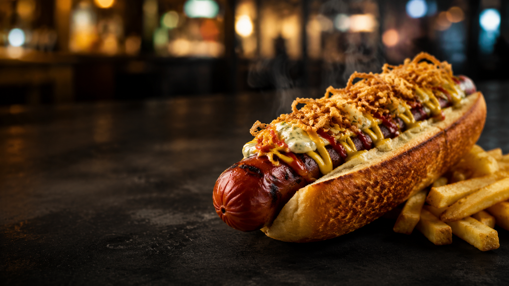 A loaded grilled hotdog with crispy onions and sauces